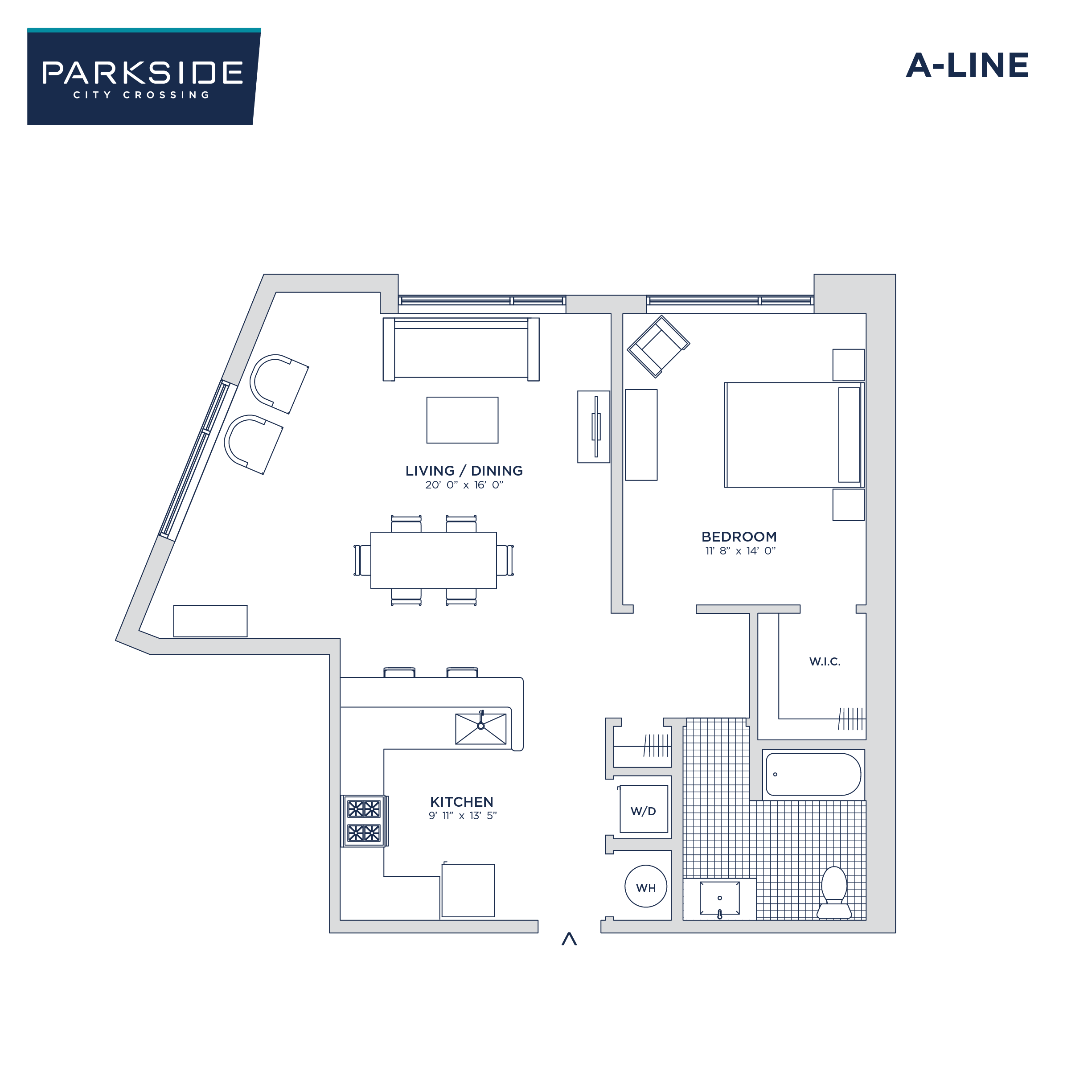 Floor plan for 1 bed, 1 bath, 833 sqft